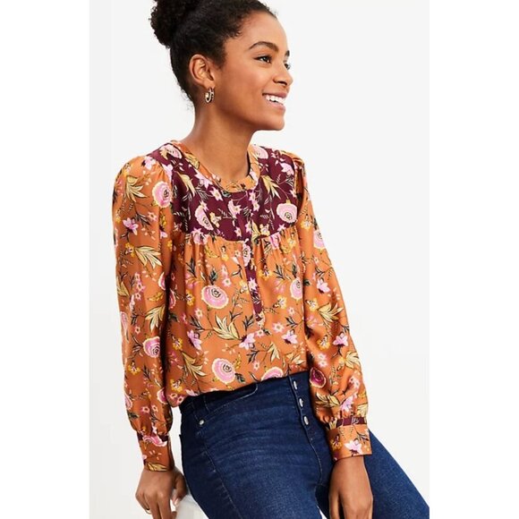 Loft Mixed Print Henley Blouse beautiful fall colors top shirt blouse NWT size X - Picture 12 of 13